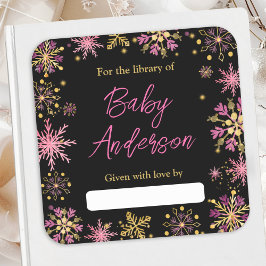 Guld och Rosa Snöflingor Baby Shower Bookplate Fyrkantigt Klistermärke