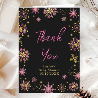Guld och rosa snöflingor Baby Shower Tack Kort