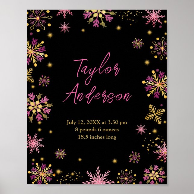 Guld- och rosa snöflingor Födelsestadistik Poster (Framsidan)
