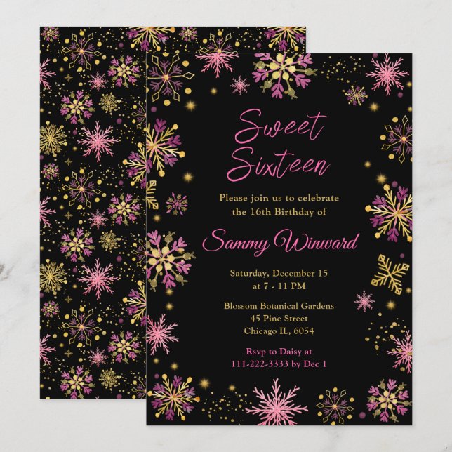 Guld och Rosa Snöflingor Sweet sixteen Inbjudningar (Fram/baksida)
