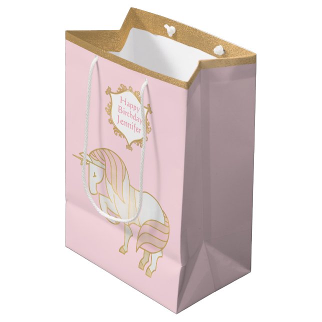 Guld och Rosa Unicorn Gift Bag (Framsidan Vinklad)