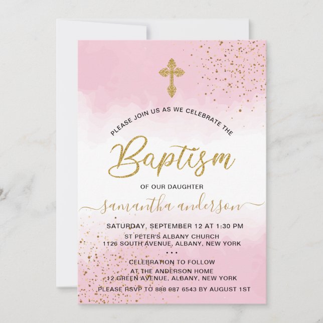 Guld och Rosa Watercolor Girl Baptism Inbjudningar (Framsida)