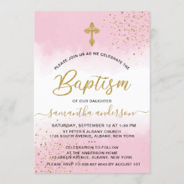 Guld och Rosa Watercolor Girl Baptism Inbjudningar