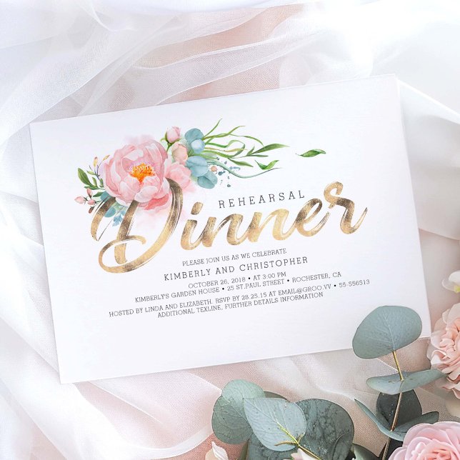 Guld- och rosablommig repetitionsmiddag inbjudningar (Floral Gold Calligraphy Rehearsal Dinner Invitations)