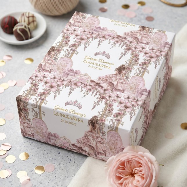 Guld och rosabruden krona blomsterg Quinceañera Presentpapper (Skapare uppladdad)