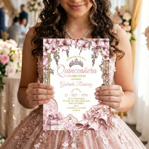 Guld och rosabrunt tiara blomster Quinceañera Inbjudningar
