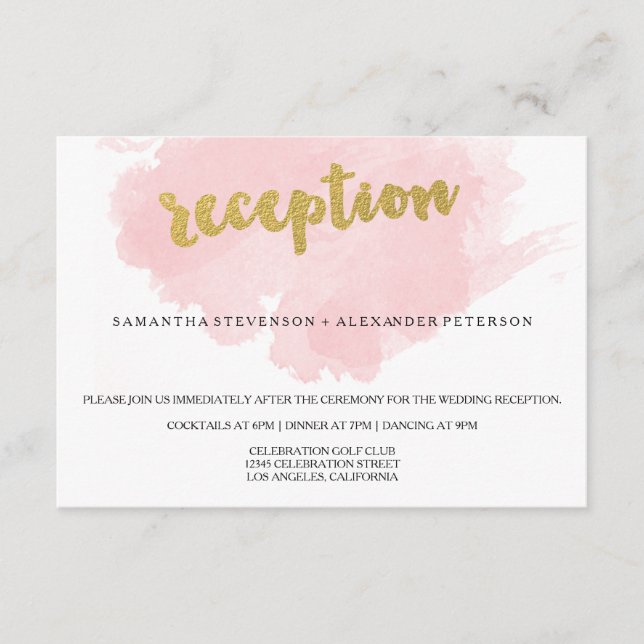 Guld- och rosé vattenfärgbröllopsmottagning tilläggskort (Framsida)