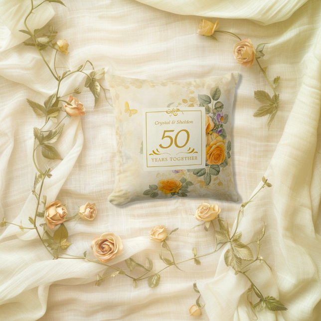 Guld och rosor 50-års bröllopsdag kudde (Gold Yellow Roses 50th Anniversary gift Throw Pillow)
