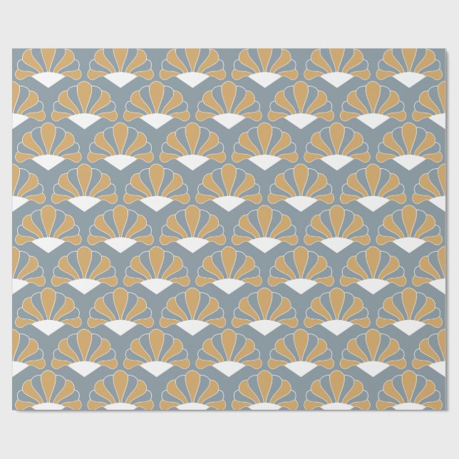 Guld och Silver Blue Art Deco Fläkt Flowers Mönste Presentpapper (Platt)