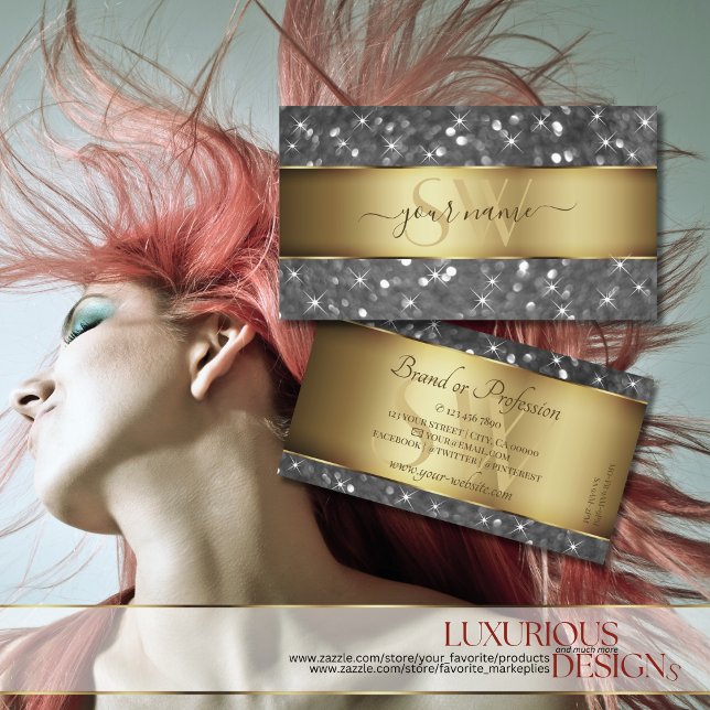 Guld och Silver Glitter Luminous Stars Initialer Visitkort (Skapare uppladdad)