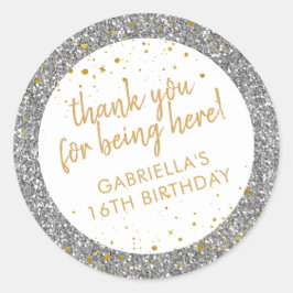 Guld och Silver Glitter, Tack, födelsedag Runt Klistermärke