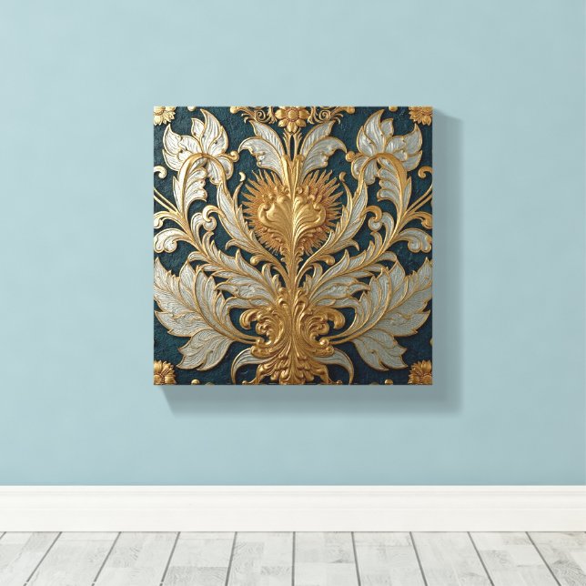 Guld- och silverblommig ornament canvastryck (Insitu (trägolv))