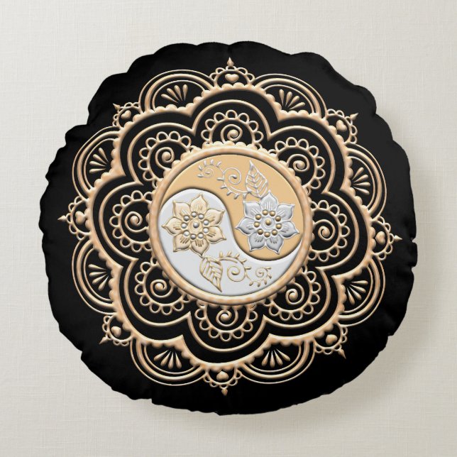 Guld- och silvermandala rund kudde (Framsidan)