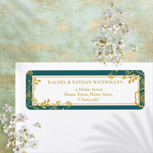 Guld- och smaragdsviktoriansk blomster spetsadress returadress etikett (Gold and Emerald Victorian Floral Lace Address Label)