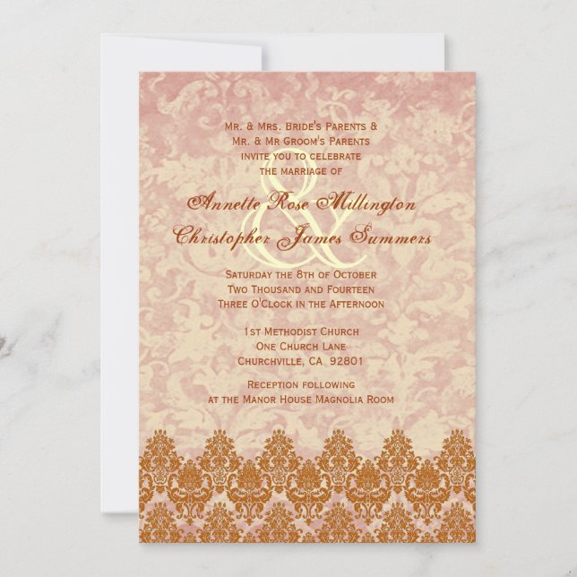 Guld och  Snöre och Grunge Damask Wedding V01 Inbjudningar (Framsida)