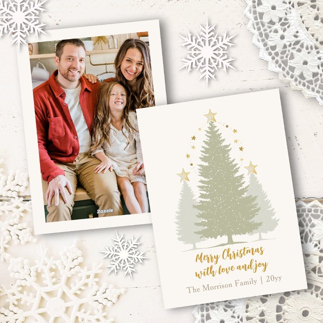 Guld och Soft Julgranar och Stars Photo Julkort (Gold and Soft Christmas Trees and Stars Photo Holiday Card)