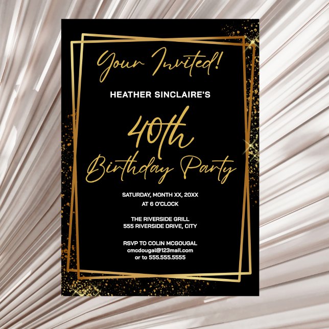 Guld och svart 40-års födelsedagsinbjudan inbjudningar (0th Birthday Party Invitation Gold and Black)