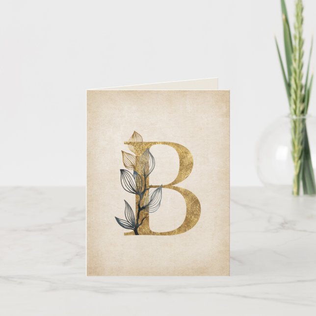 Guld och svart B-monogram med blad Anteckningskort (Framsida)