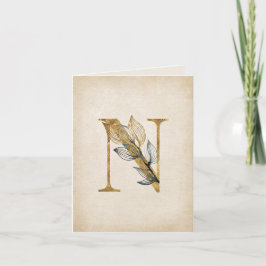 Guld och svart Blommigt N monogram med Löv Anteckningskort