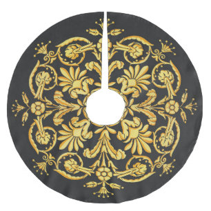 Guld och svart blomster mönster julgransmatta borstad polyester
