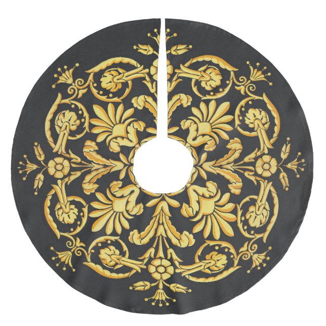 Guld och svart blomster mönster julgransmatta borstad polyester (Framsidan)