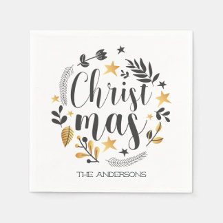 guld och svart botaniskt illustration jul pappersservett