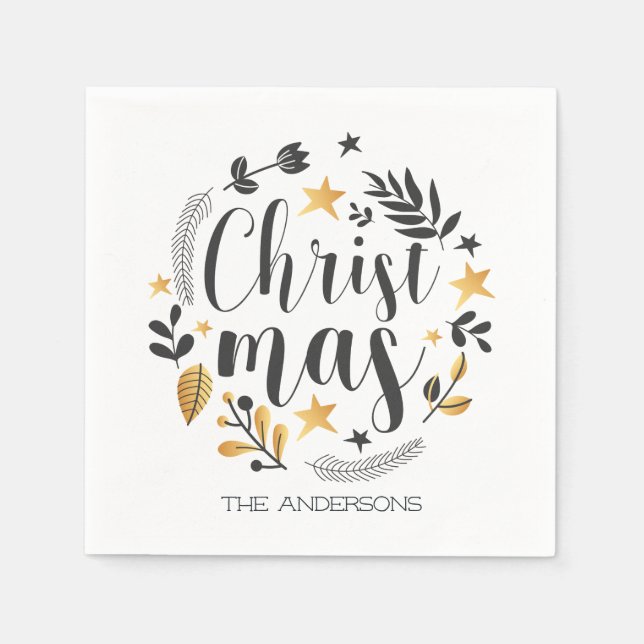 guld och svart botaniskt illustration jul pappersservett (Framsidan)