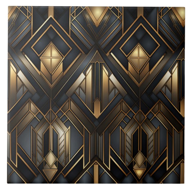 Guld och svart deco, Cityscape View Kakelplatta (Framsidan)