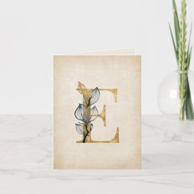 Guld och svart E-monogram med blad Anteckningskort (Framsida)
