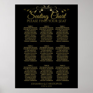 Guld och svart enkelt 9 Bord Bröllop sätesdiagram Poster