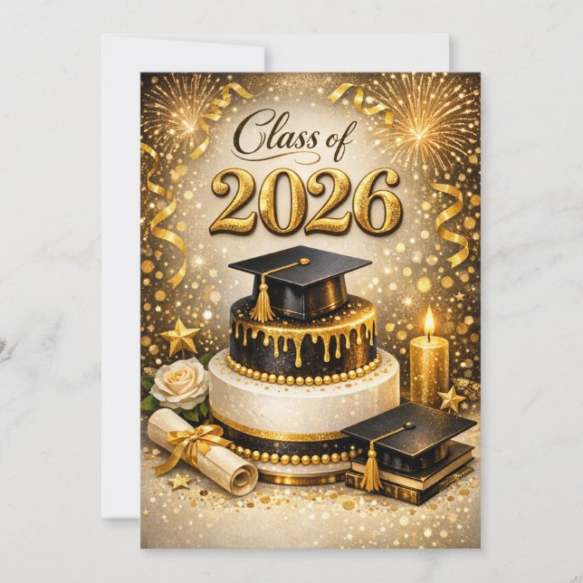 Guld och svart examens tårta julkort (Framsida)