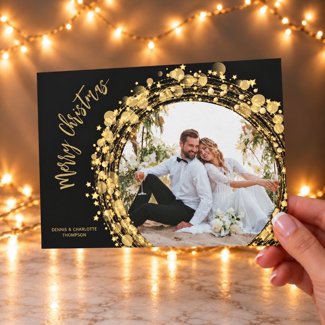 Guld och svart God Jul Foto Julkort (Gold stars wreath on black Merry Christmas holiday photo cards, PRINTED and/or INSTANT DOWNLOAD)