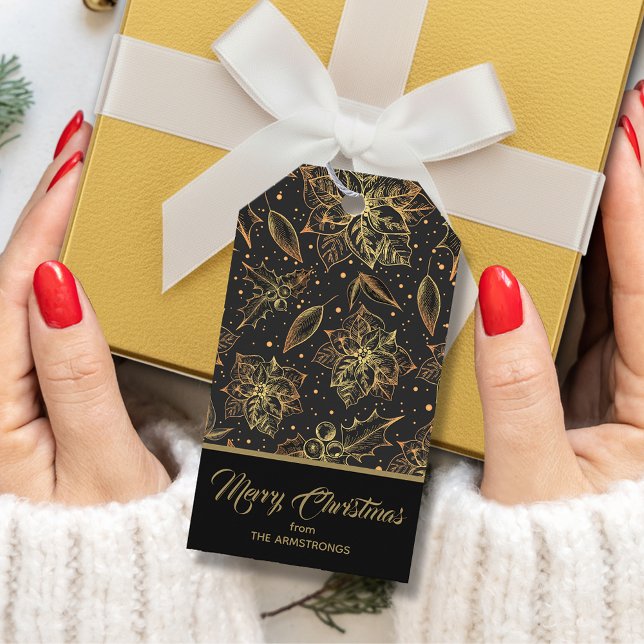 Guld och svart julblomster presentetikett (Gold poinsettias, holly and berries on black Christmas favor gift tags)