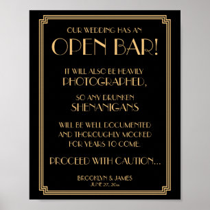 Guld och svart konst Deco Gatsby Open Pub Sign 8x1 Poster