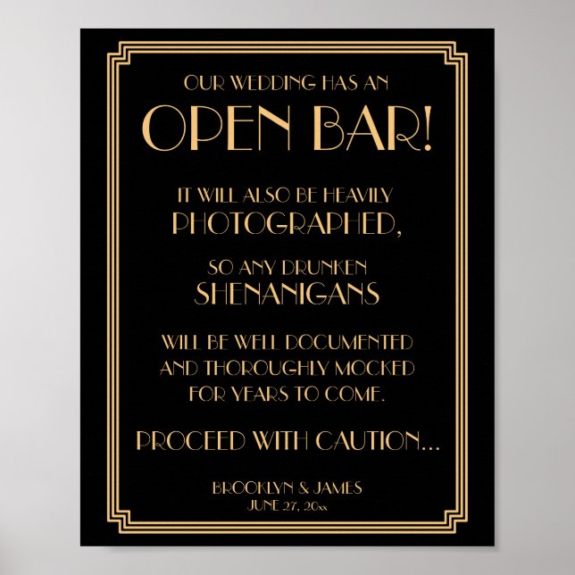Guld och svart konst Deco Gatsby Open Pub Sign 8x1 Poster (Framsidan)