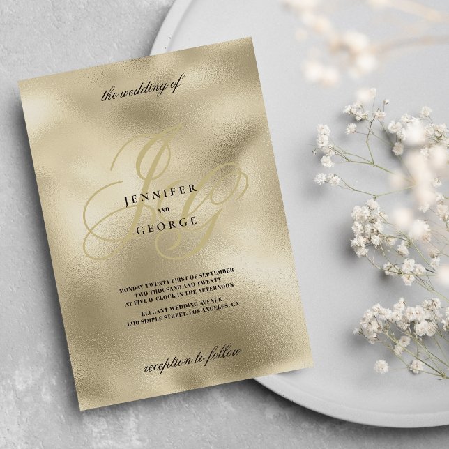 Guld och svart monogram första bröllop inbjudningar (Luxury gold and black monogram initial wedding invitation )