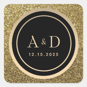 Guld och svart monogrambröllop fyrkantigt klistermärke