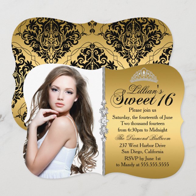 Guld och svart prinsess tiara Sweet 16 födelsedag Inbjudningar (Fram/baksida)
