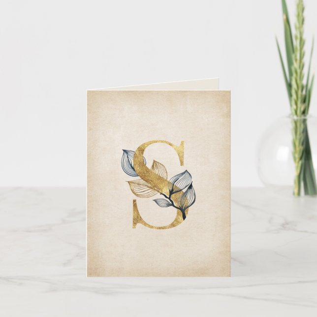 Guld och svart S-monogram med blad Anteckningskort (Framsida)