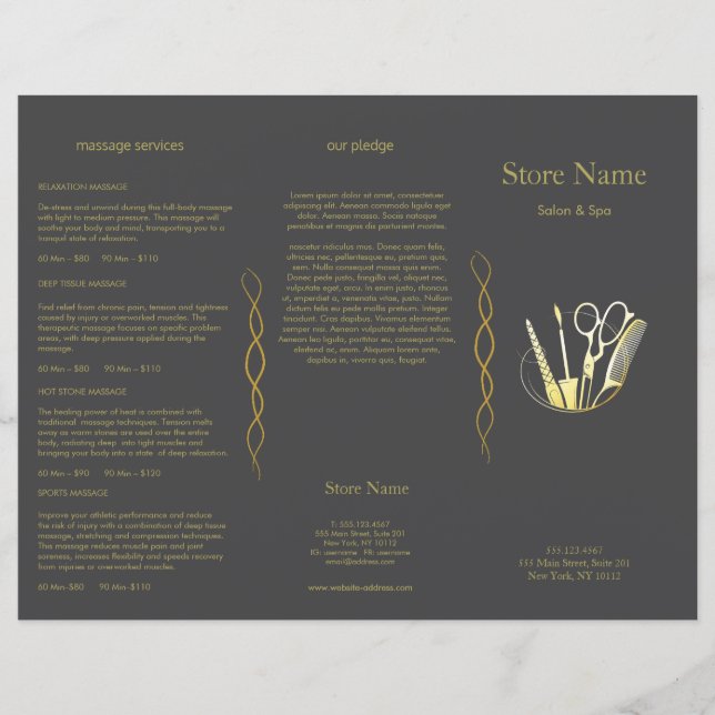 Guld och svart skönhetssalong Trifold Broschyr (Framsida)