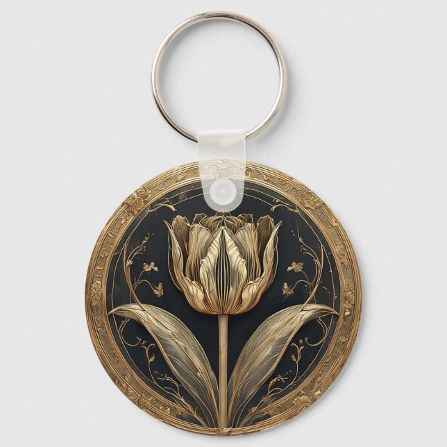 Guld och svart tulpan-design nyckelring (Framsida)