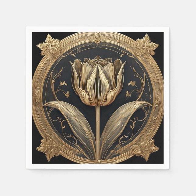 Guld och svart tulpan-design pappersservett (Framsidan)