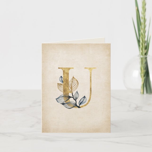 Guld och svart U-monogram med blad Anteckningskort (Framsida)