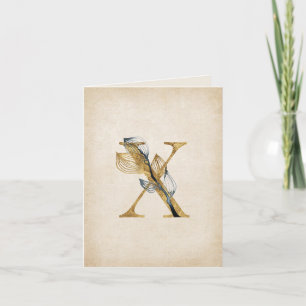 Guld och svart X  Monogram med blad Anteckningskort