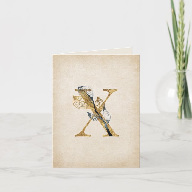 Guld och svart X  Monogram med blad Anteckningskort (Framsida)