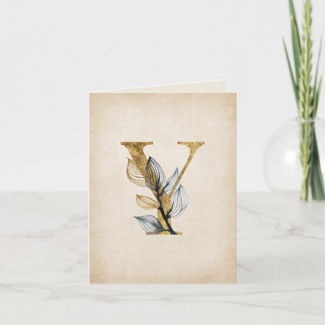 Guld och svart Y-monogram med blad Anteckningskort (Framsida)