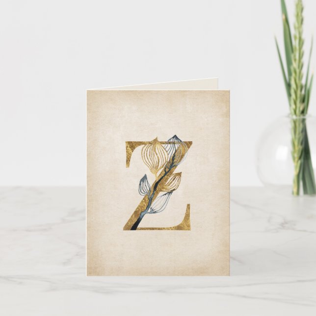 Guld och svart Z-monogram med blad Anteckningskort (Framsida)