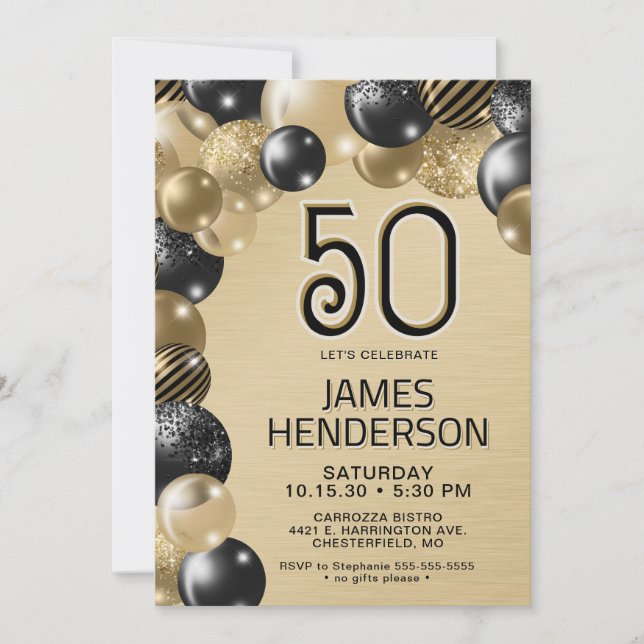 Guld- och svarta ballonger 50-års inbjudan (Framsida)