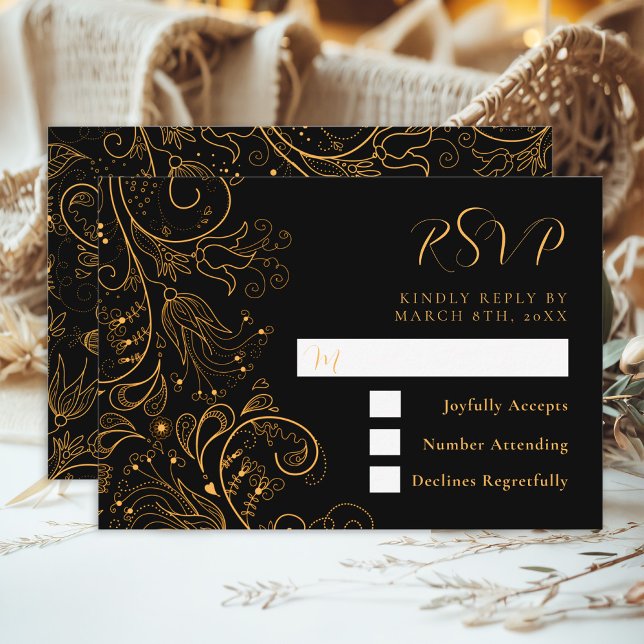 Guld och Svarta Eleganten Blommigt Bröllop OSA Kort (Skapare uppladdad)