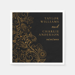 Guld och Svarta Eleganten Blommigt Bröllop Pappersservett